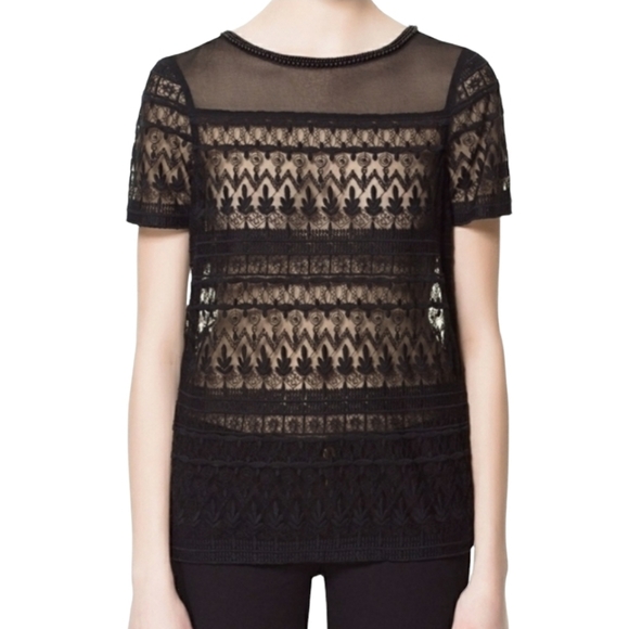 ZARA Black Crochet Lace Tee XS Beaded Neckline Sheer Mesh Nylon Punk Goth - Picture 14 of 14